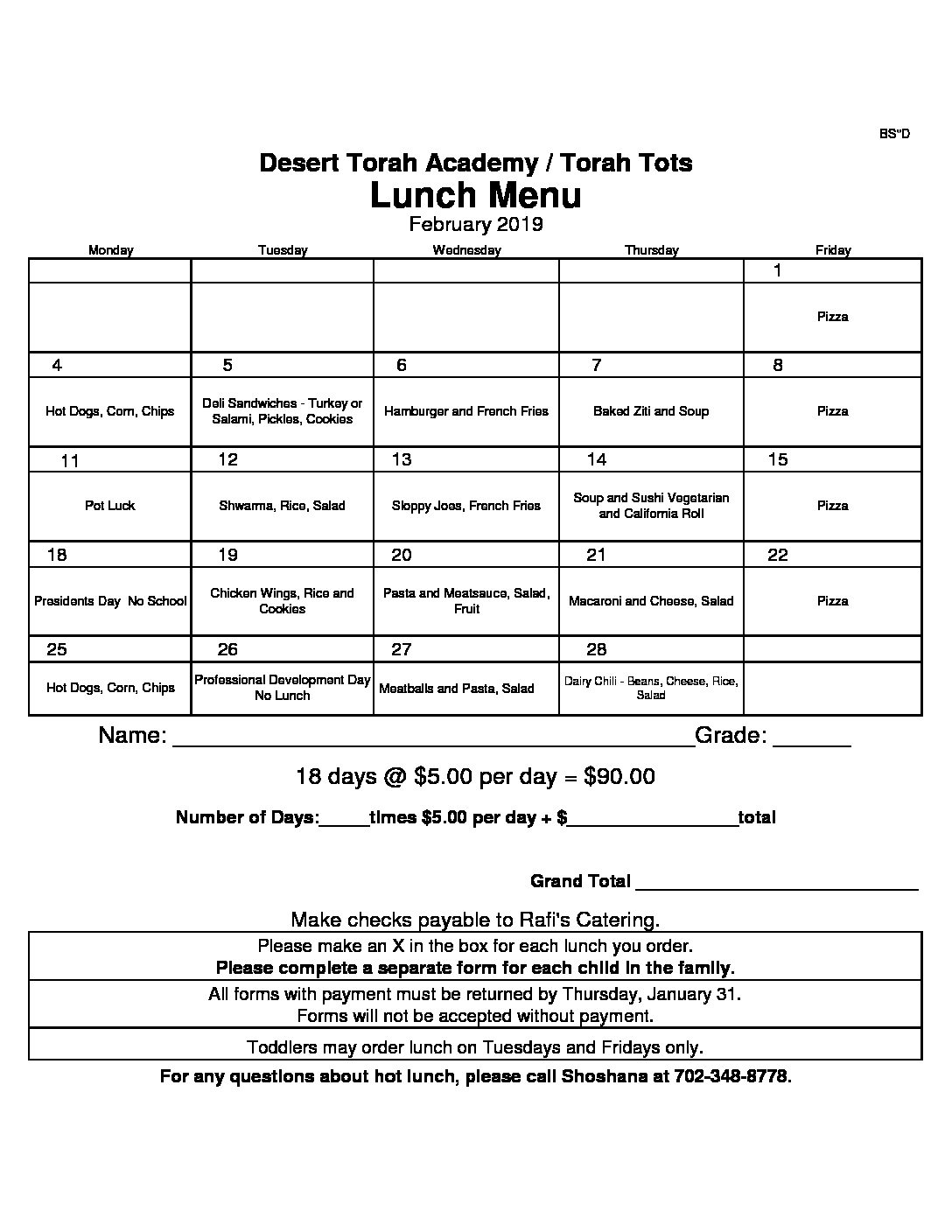 Lunch Menu Desert Torah Academy