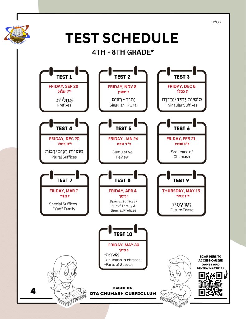 "TEST SCHEDULE 4TH - 8TH GRADE*" is displayed with ten calendar icons showing test dates and topics.