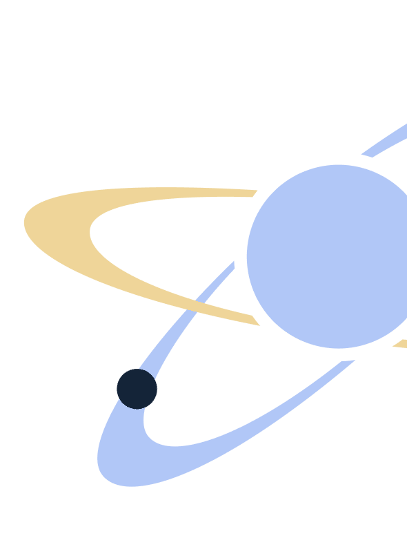 A light blue circle with a small dark blue circle orbiting it on a light blue and beige elliptical path.